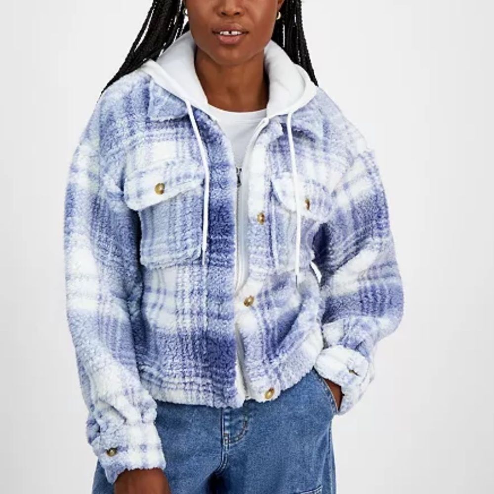Madden Girl Plaid Sherpa Hoodie Jacket size Small Junior - Picture 16 of 16